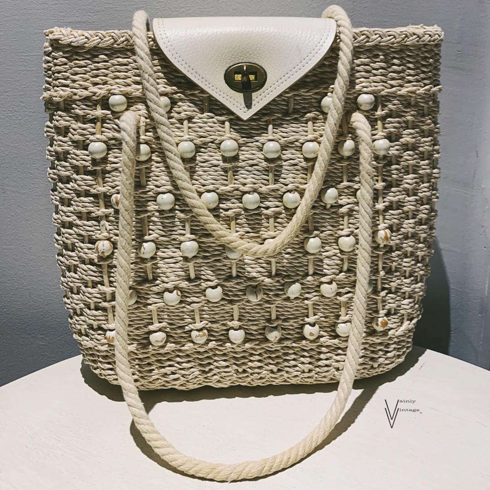 RARE Vintage 60s Beaded Wicker Beach Bag
